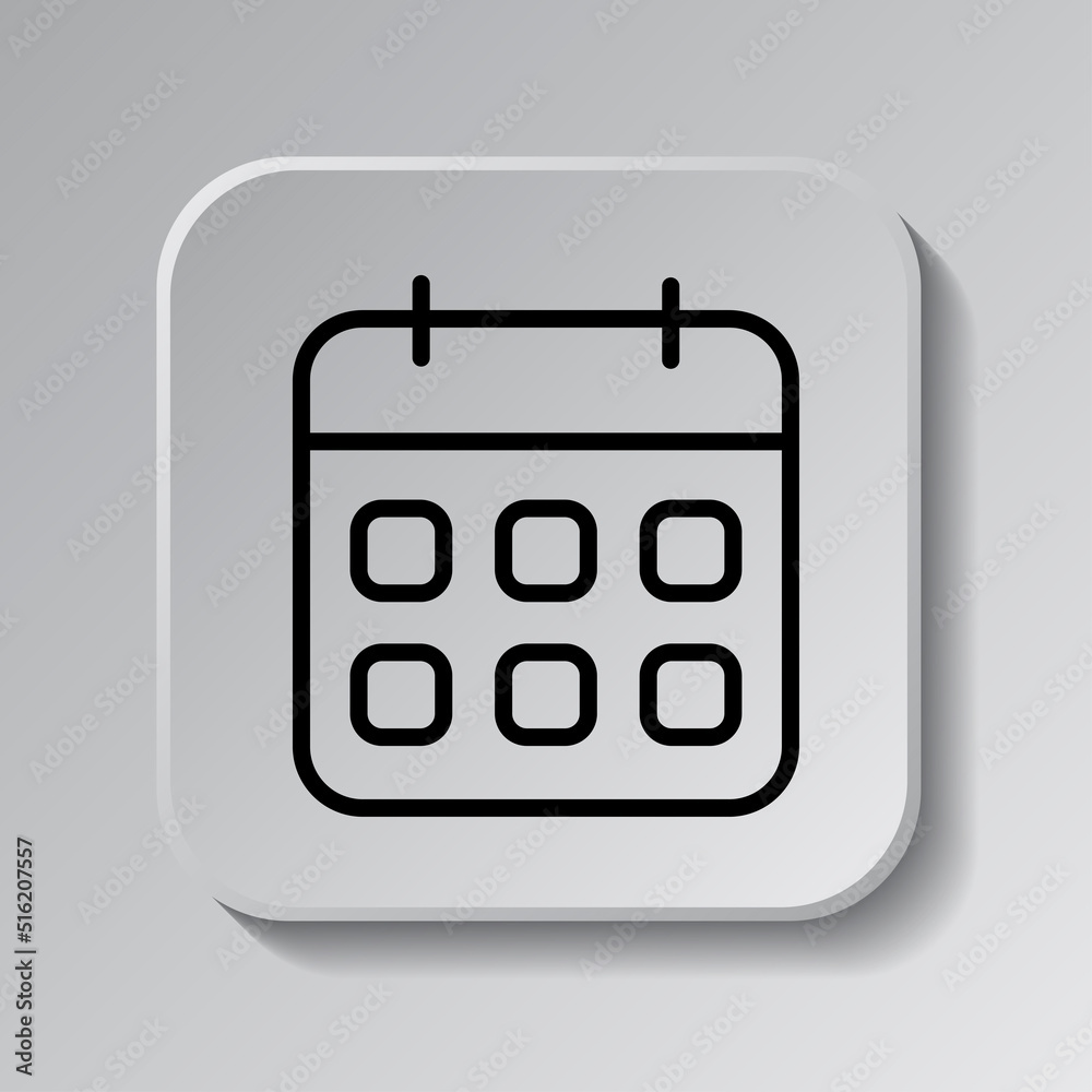 Calendar simple icon vector. Flat design. Black icon on square button with shadow. Grey background.ai Calendar simple icon vector. Flat design. Black icon on square button with shadow. Grey background.ai