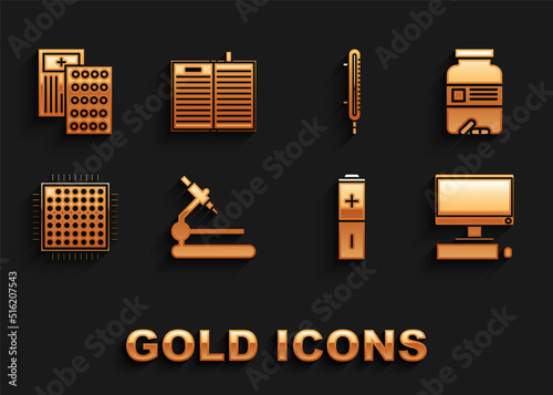 Set Microscope, Medicine bottle and pills, Computer monitor with keyboard mouse, Battery, Processor, Meteorology thermometer measuring, Pills blister pack and Open science book icon. Vector
