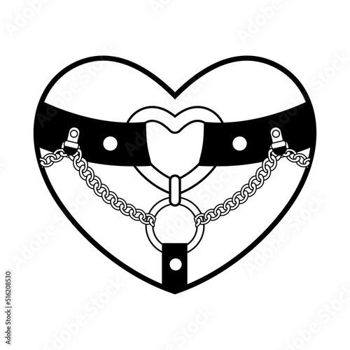 Black and white heart on the theme of sex and bdsm. Monochrome erotic illustration.