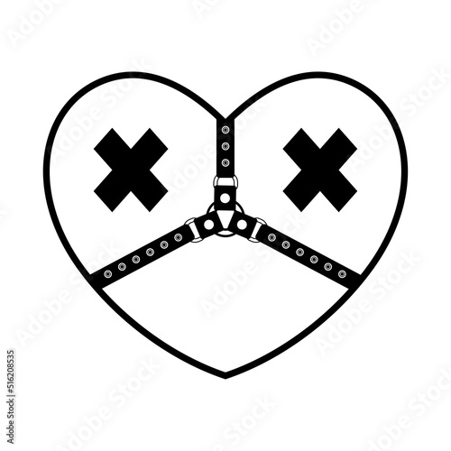 Black and white heart on the theme of sex and bdsm. Monochrome erotic illustration.