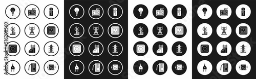 Set Battery, High voltage power pole line, Wind turbine, Light bulb with concept of idea, Electrical outlet, Diesel generator, and light switch icon. Vector