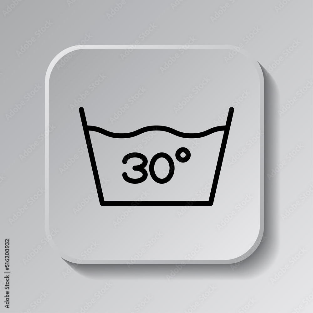 Laundry, 30 degrees simple icon vector. Flat design. Black icon on square button with shadow. Grey background.ai Laundry, 30 degrees simple icon vector. Flat design. Black icon on square button with shadow. Grey background.ai