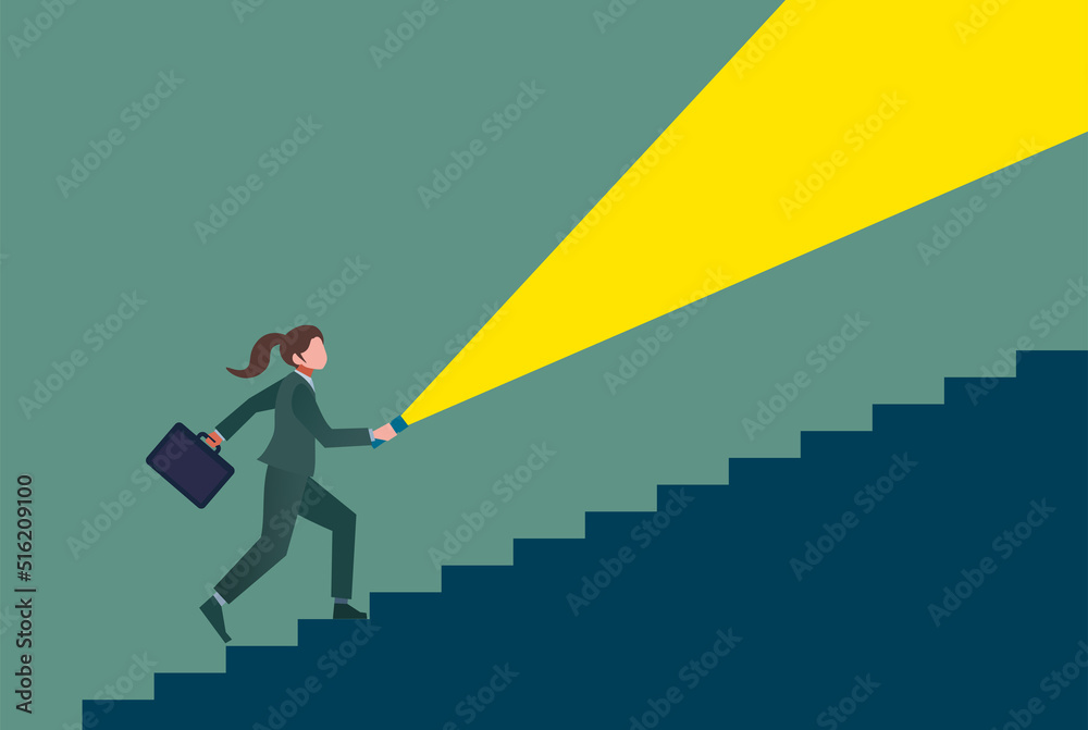懐中電灯で照らしながら階段を上る女性 人物フラットイラスト 懐中電灯で照らしながら階段を上る女性 人物フラットイラスト