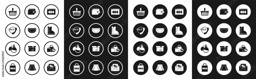 Set Page with a 404 error, Underwear, Telephone 24 hours support, Shopping basket, Waterproof rubber boot, Wallet, Shoping bag discount and Perfume icon. Vector