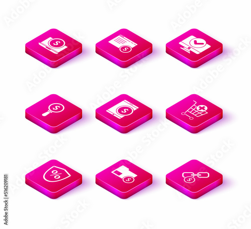 Set Loan percent, Envelope with coin dollar, Magnifying glass and, Tablet, Chain link, Add to Shopping cart, Computer monitor and Online shopping screen icon. Vector