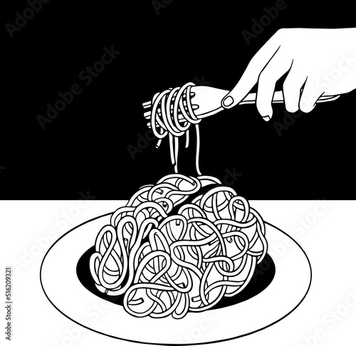 Vector illustration of human brain-shaped pasta on plate and person eating it,  smart food and healthy eating concept.