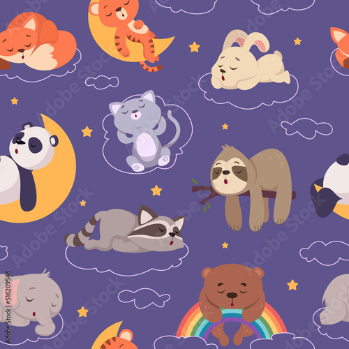 Sleeping animals pattern. Wild funny night animals in relaxes poses exact vector seamless cartoon background asleep characters