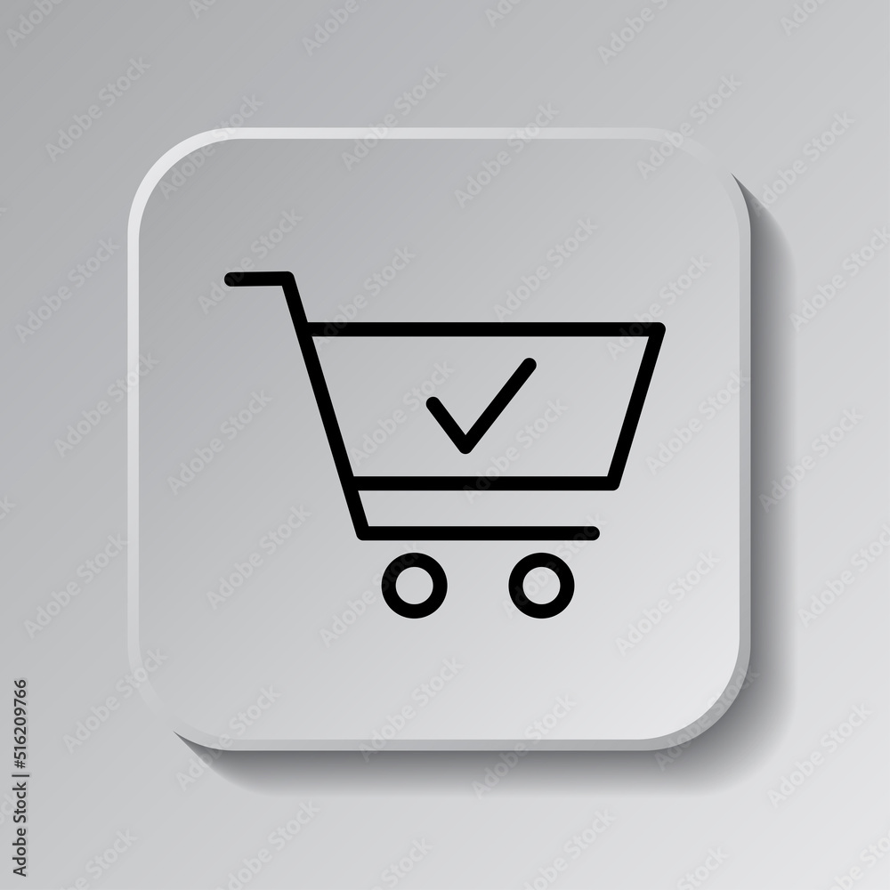 Shopping cart, confirm simple icon vector. Flat design. Black icon on square button with shadow. Grey background.ai