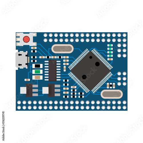 Detailed realistic microcircuit and board. Computer equipment.
