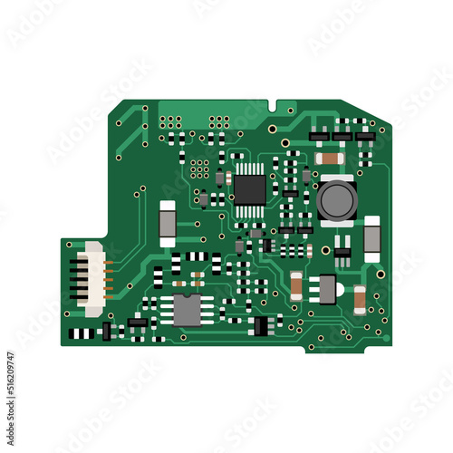 Detailed realistic microcircuit and board. Computer equipment.
