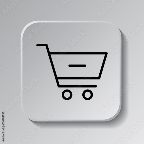 Shopping cart, minus simple icon vector. Flat design. Black icon on square button with shadow. Grey background.ai