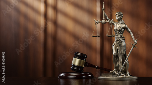 Law Legal System Justice Crime and violence concept. Themis and Gavel. 3d Render illustration