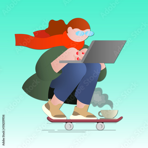 Girl on skateboard with laptop in working time with coffee art cartoon