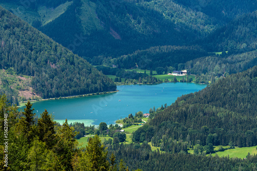 Beautiful aerial view of Erlauf lake (Erlaufsee) from Bürgeralpe near Mariazell on a sunny summer day, Styria, Austria