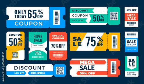 Coupon discount. Retail ads banners with price drop stickers barcode templates recent vector illustrations set