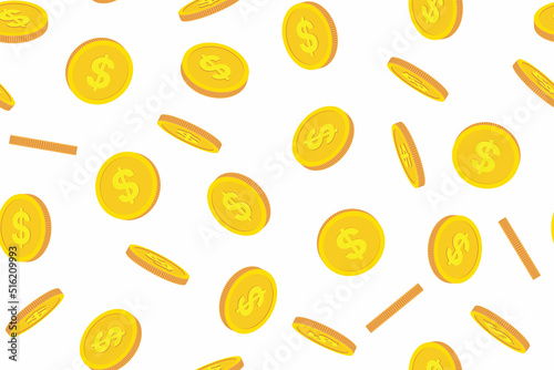 Falling coins repeat seamless pattern. Gold coin of dollar. Flat, isolated photo