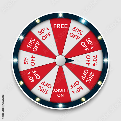 Spinning fortune wheel, lucky roulette, online promotion events, vector illustration