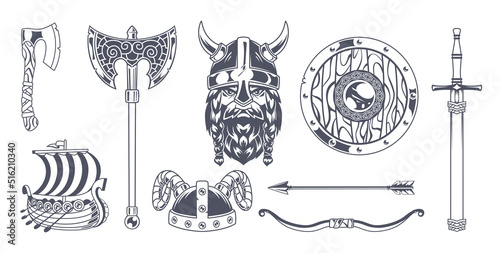 Vikings. Nordic agressive warrior stuff sword axe helmet armor skull horn exact vector mascots of medieval barbarians