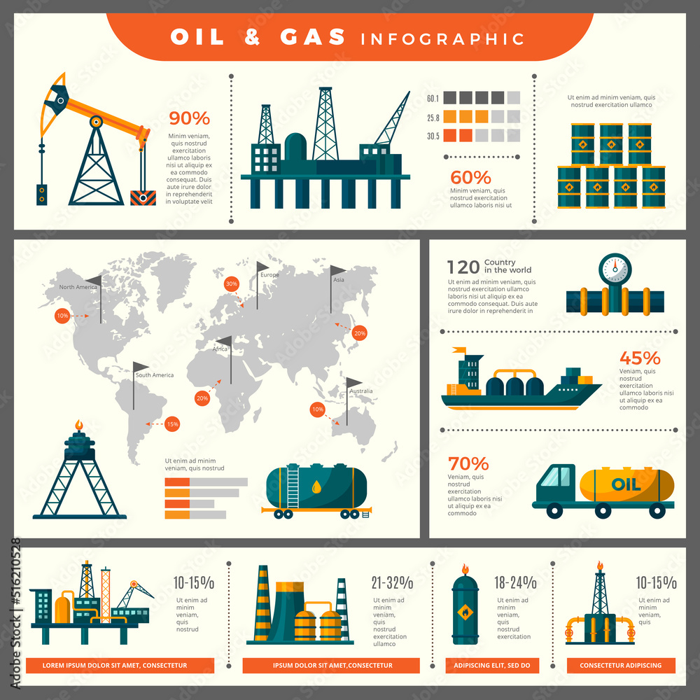 Petroleum production infographic. Technical icons for business placard information of oil industrial energy piping from petroleum recent vector templates with place for text