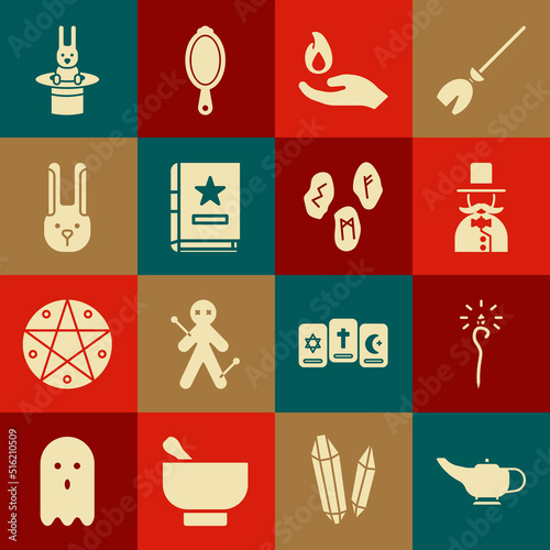Set Magic lamp or Aladdin, staff, Magician, Hand holding fire, Ancient magic book, Rabbit with ears, hat rabbit and runes icon. Vector