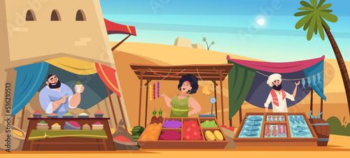 Asian marketplace. East seller with beautiful colored handmade carpets treasures delicious food sweets exact vector cartoon background