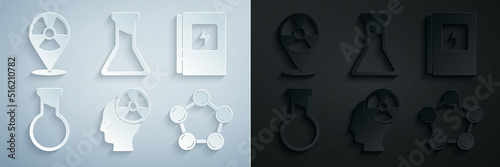 Set Head and radiation symbol, Electrical panel, Test tube flask, Molecule, and Radioactive in location icon. Vector
