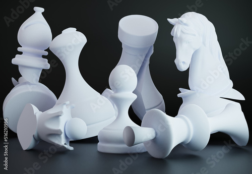 Shattered big white chess pieces with winner pawn. Conceptual 3D illustration