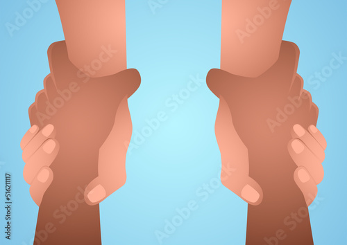 Helping a friend by gripping of his or her arm tight