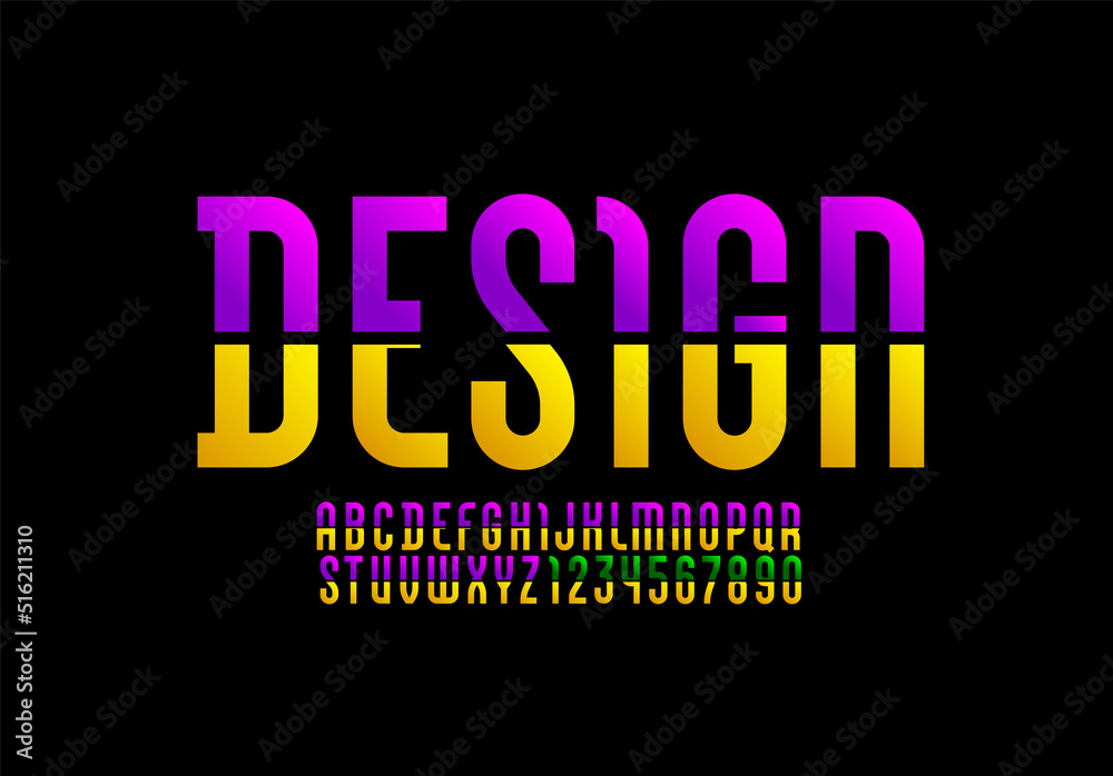 Fototapeta premium Bright font, stencil alphabet, modern letters and numbers, vector illustration 10EPS