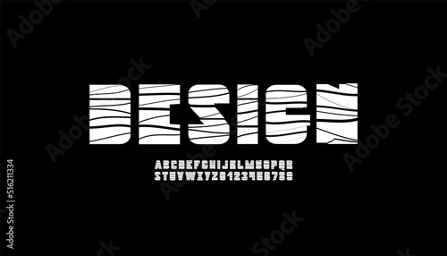 Cracked font, cutting alphabet, letters and numbers, vector illustration 10eps