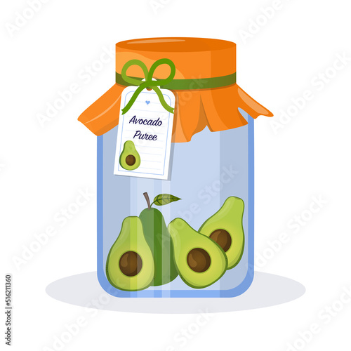 Avocado puree in a jar. Avocado guacamole. Vector food illustration in cartoon style. Breakfast. Vector illustration