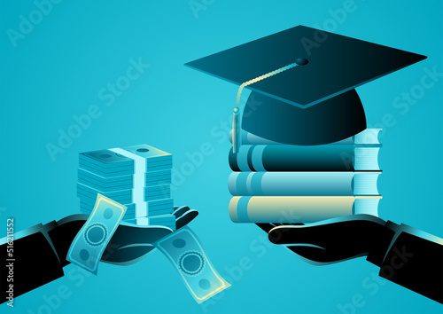 Hand holding stack of money and hand holding graduation toga hat and books