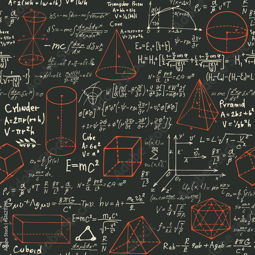 seamless pattern with black handwritten text mathematical formulas and equations