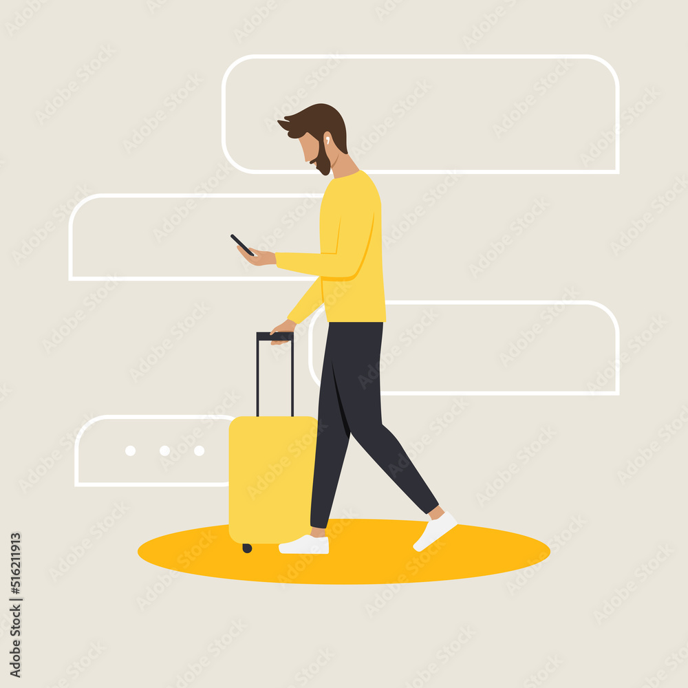 Man with suitcase walking and texting on smartphone. Chatting on the go. Text bubbles in the background. Concept illustration of being always online and connected. Man with suitcase walking and texting on smartphone. Chatting on the go. Text bubbles in the background. Concept illustration of being always online and connected.