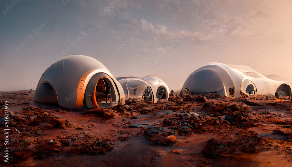Mars Kolonie mit einer Station im roten Sand - obrazy, fototapety, plakaty 