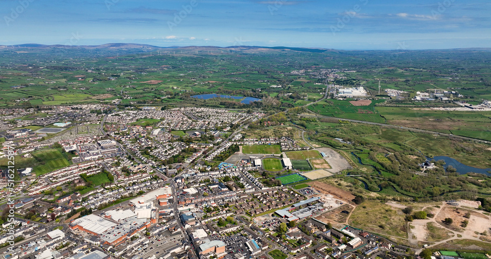 Aerial photo overlooking Industrial and Residential homes in Ballymena Town Co Antrim Northern Ireland