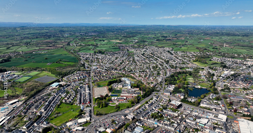 Aerial photo overlooking Industrial and Residential homes in Ballymena Town Co Antrim Northern Ireland