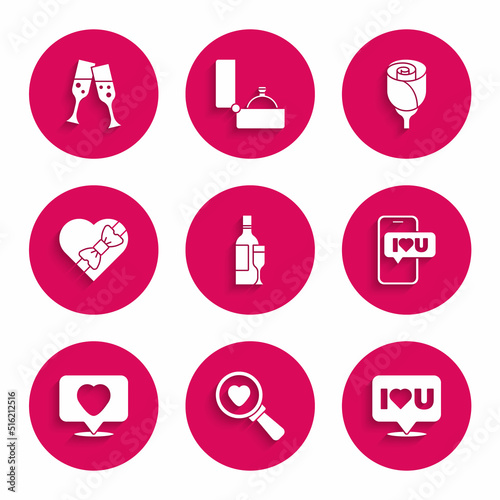 Set Champagne bottle, Search heart and love, Speech bubble with I you, Mobile, Like, Candy in shaped box, Flower rose and Glass of champagne icon. Vector