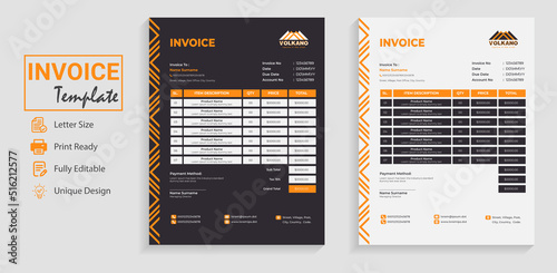 Brand Identity Stationery Design. Modern style company invoice design template in yellow. This cash memo price list for order expense is used for accounting bookkeeping business as money receipt. photo