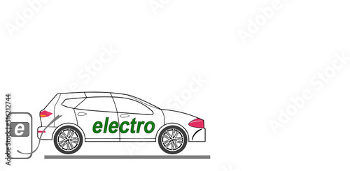 Electric car on charging station with green city street skyline. Battery EV vehicle plugged and getting electricity from renewable power generations solar panel, wind turbine. Vehicle being charged.