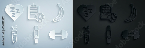 Set Smartwatch, Banana, Carrot, Dumbbell, Sport training program and Sleepy icon. Vector