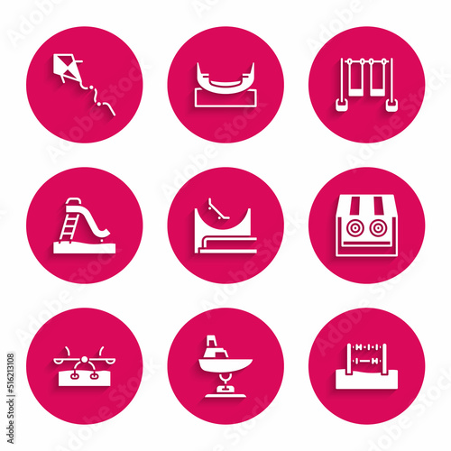 Set Skate park, Swing boat, Abacus, Shooting gallery, Seesaw, Kid slide, Double swing and Kite icon. Vector