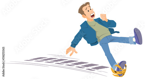 Man slipped on banana peel. Illustration for internet and mobile website.