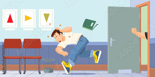 Man gets kicked out of his job. Illustration for internet and mobile website.