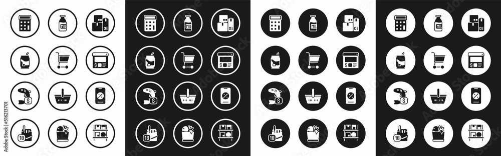 Set Cash register machine, Shopping cart, Soda can, Calculator, Online ordering and delivery, Bottle with milk, Percent discount mobile and Price tag for fish icon. Vector Set Cash register machine, Shopping cart, Soda can, Calculator, Online ordering and delivery, Bottle with milk, Percent discount mobile and Price tag for fish icon. Vector