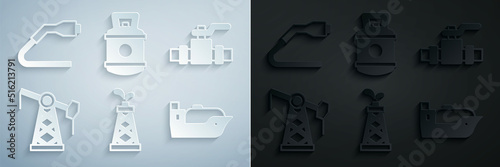Set Oil rig, Metallic pipes and valve, pump or pump jack, tanker ship, Propane gas and Electrical cable plug charging icon. Vector