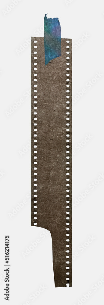 long dusty 35mm film strip fixed by single paper sticker on white background. long dusty 35mm film strip fixed by single paper sticker on white background.