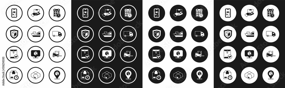 Set Cardboard box with calendar, Cargo ship boxes delivery, Delivery security shield, Mobile app tracking, cargo truck, hand, Forklift and Envelope check mark icon. Vector Set Cardboard box with calendar, Cargo ship boxes delivery, Delivery security shield, Mobile app tracking, cargo truck, hand, Forklift and Envelope check mark icon. Vector