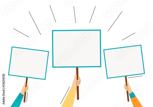 Banners and placards during a protest demonstration or picket. Poster showing against violence, pollution, descriptions, violations of human rights.