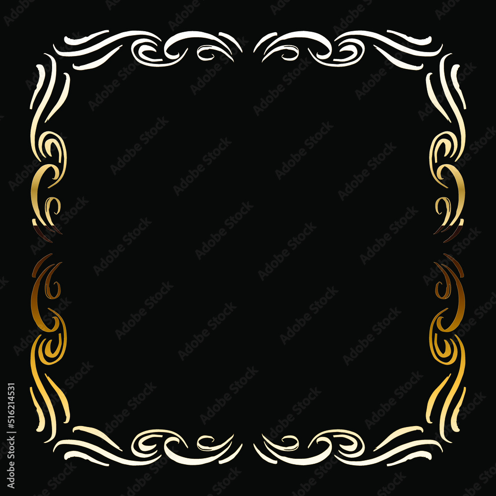 Golden Luxury Calligraphic Frame. Hand Drawn Golden Shiny Border for Menu, Sertificate, Greeting Cards or Classic Wedding Design. Vector Illustration.